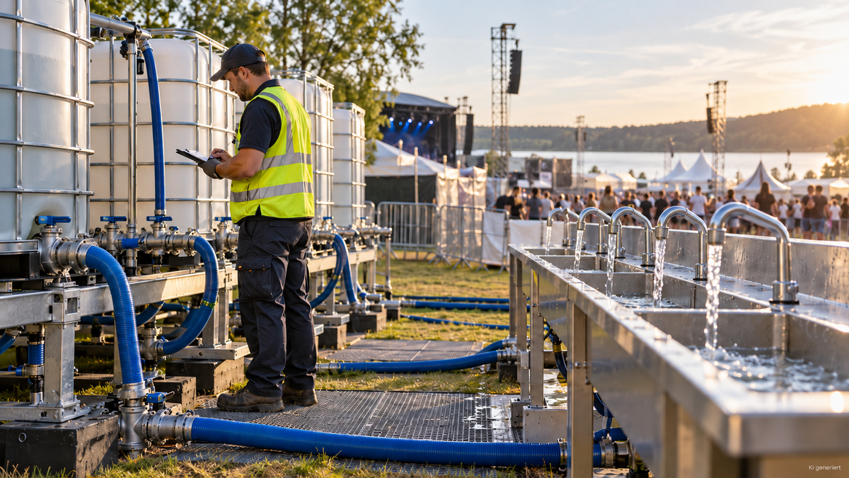 Techniker kontrolliert mobile Trinkwassertanks und Zapfstellen auf einer Großveranstaltung
