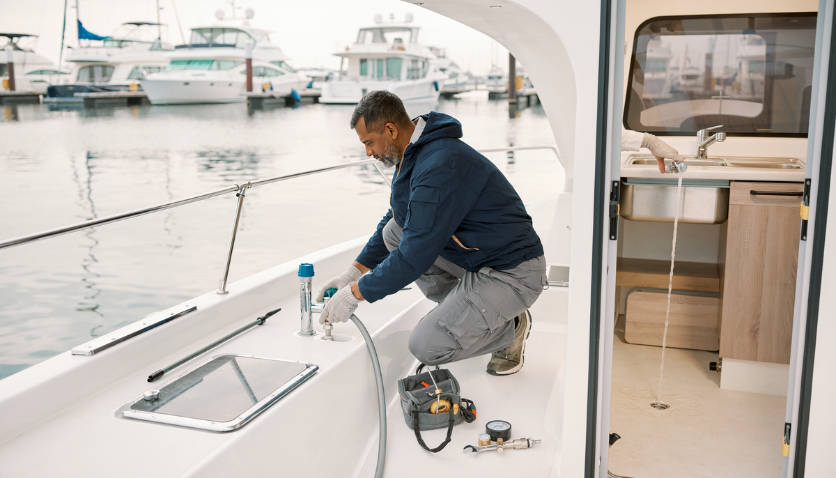 Techniker kontrolliert Frischwassertank, Befüllanschluss und Wasserhahn auf einem Hausboot