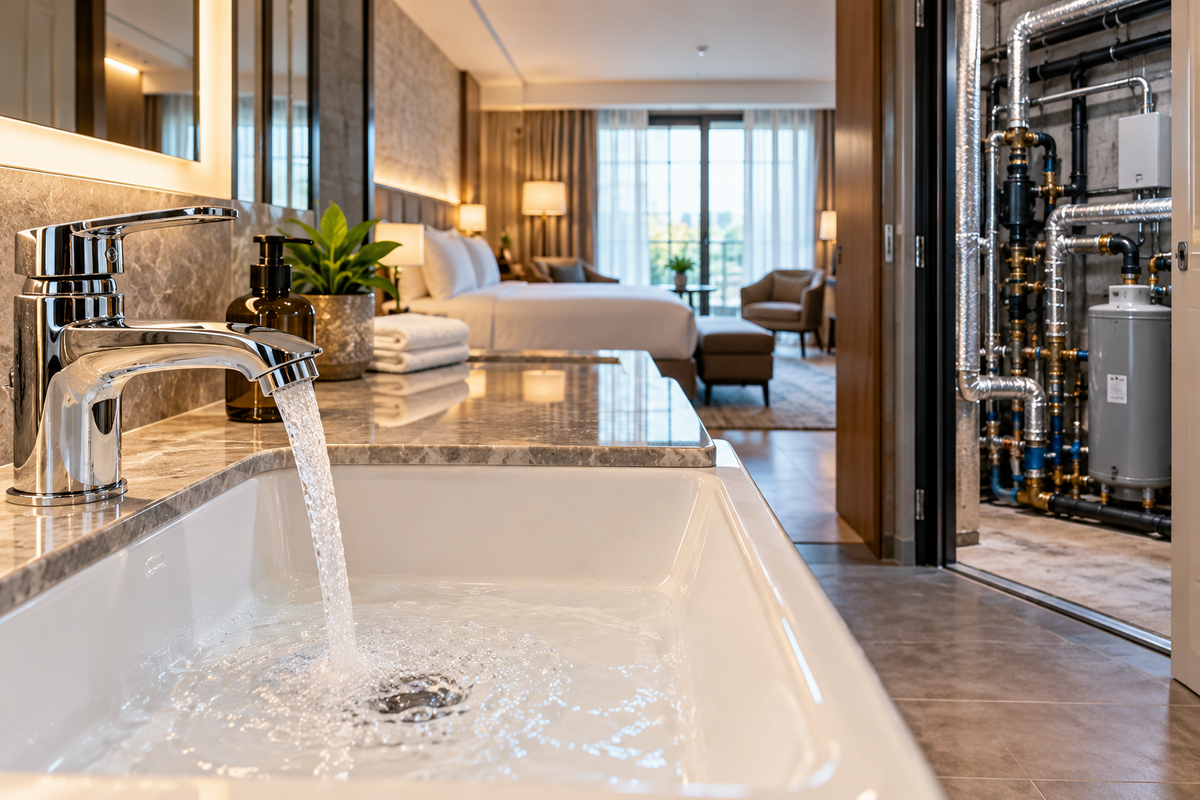 Hotelbad mit laufendem Trinkwasserhahn und sichtbarer technischer Wasserinstallation