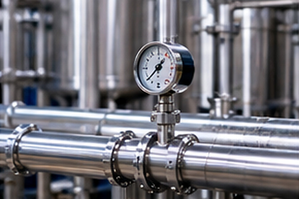 Industrielle Produktionsanlage mit Edelstahlrohren und technischen Anlagen
