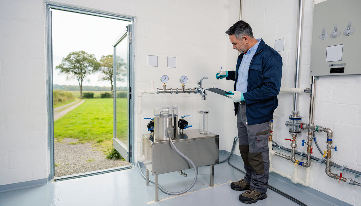 Techniker kontrolliert eine kleine ländliche Trinkwasserversorgungsanlage mit Aufbereitung und Probenahmestelle