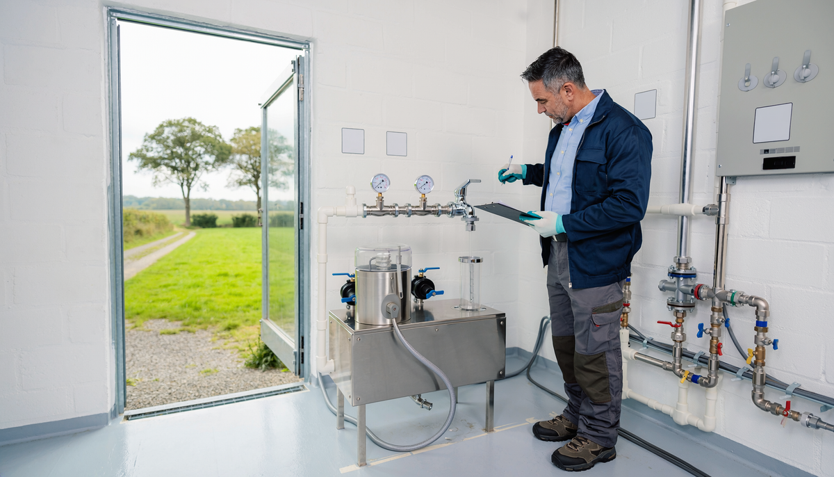 Techniker kontrolliert eine kleine ländliche Trinkwasserversorgungsanlage mit Aufbereitung und Probenahmestelle