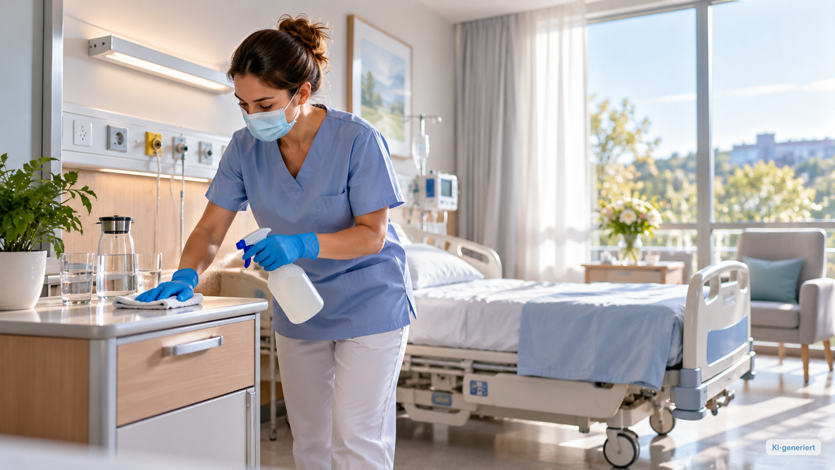 Pflegekraft reinigt eine Kontaktfläche in einem Patientenzimmer als Beispiel für professionelle Umgebungshygiene