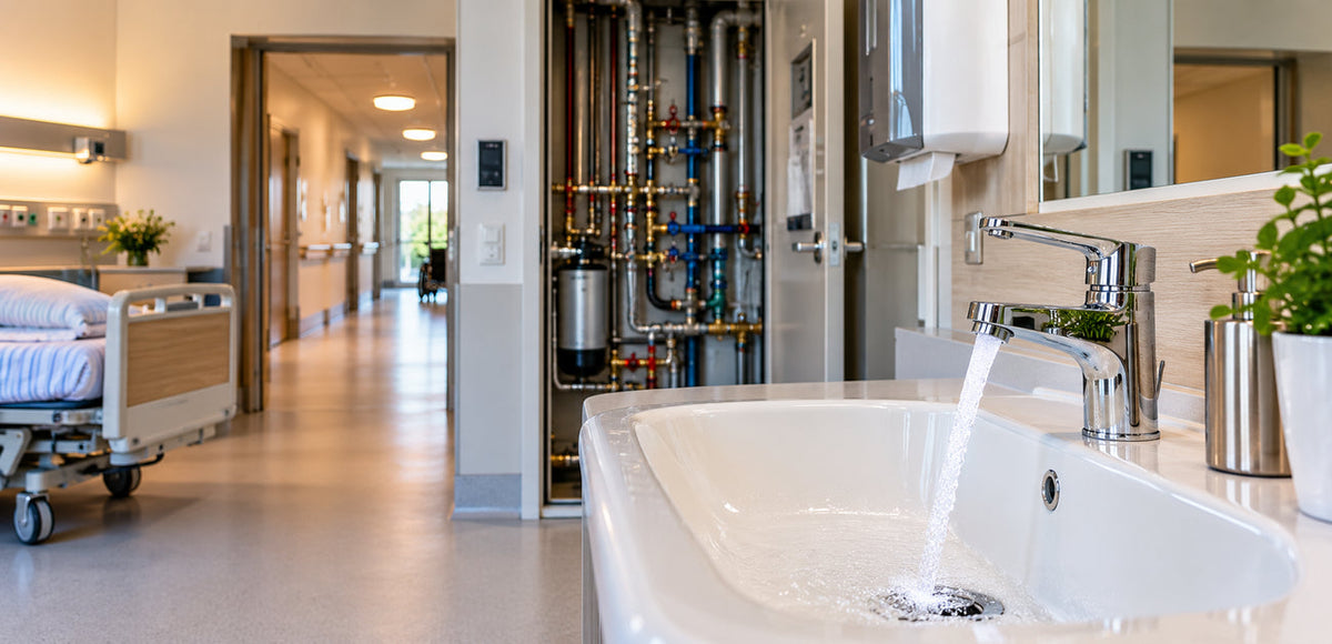Waschplatz in Krankenhaus oder Pflegeheim mit Trinkwasserinstallation und Technikbereich
