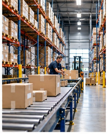 Modernes Lager und Logistikzentrum mit Fördertechnik und Arbeitsflächen