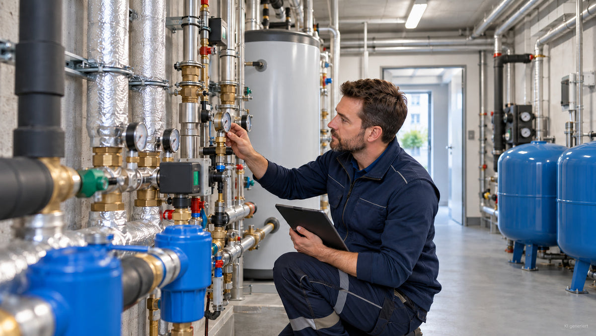 Techniker kontrolliert die Trinkwasserinstallation und Warmwassertechnik eines größeren Wohngebäudes