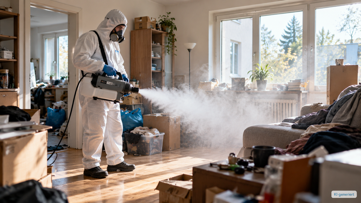 Professionelle Reinigung einer stark vermüllten Wohnung mit Schutzkleidung und Kaltvernebelung zur hygienischen Nachbehandlung mit membraclean AIR