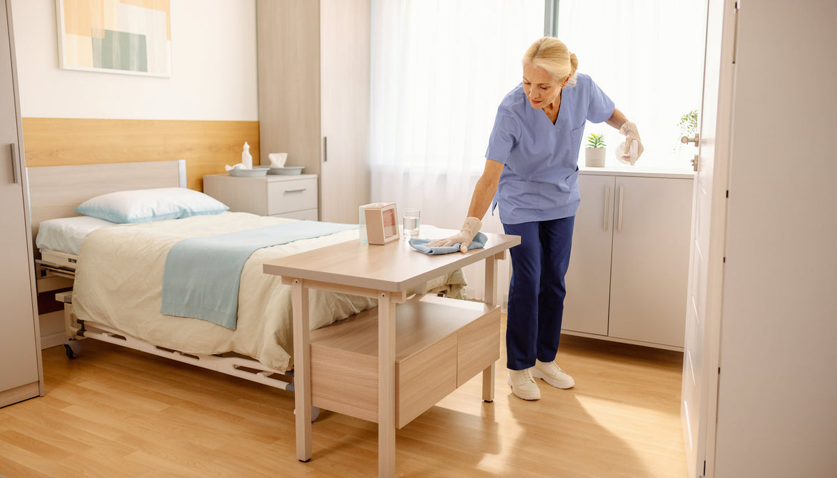 Pflegekraft reinigt Kontaktflächen in einem Bewohnerzimmer als Beispiel für Hygiene im Pflegeheim