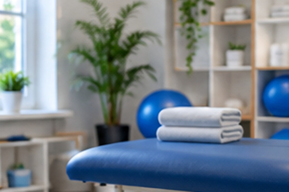 Physiotherapieraum mit Behandlungsliege und hygienisch vorbereiteten Kontaktflächen