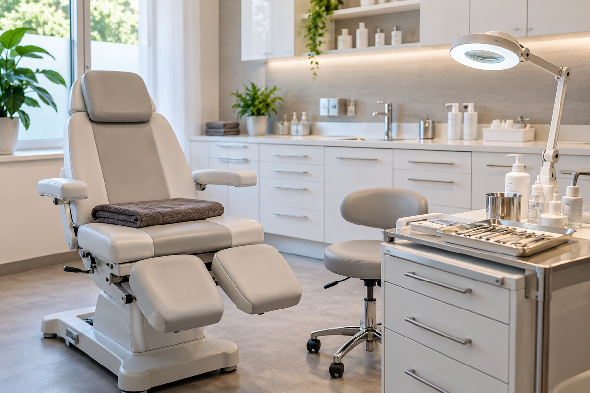Moderner Podologie- und Fußpflege-Behandlungsraum mit hygienisch vorbereiteten Arbeitsflächen