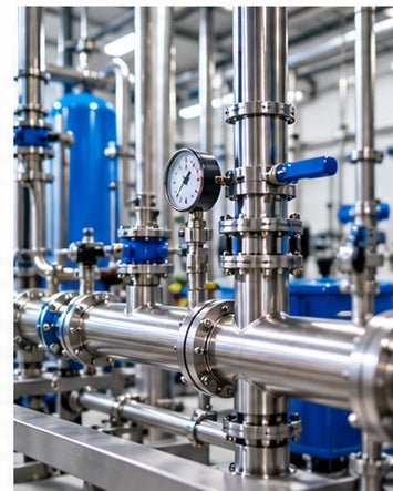 Technische Trinkwasserinstallation in einem Produktionsbetrieb mit Edelstahlrohren und Armaturen