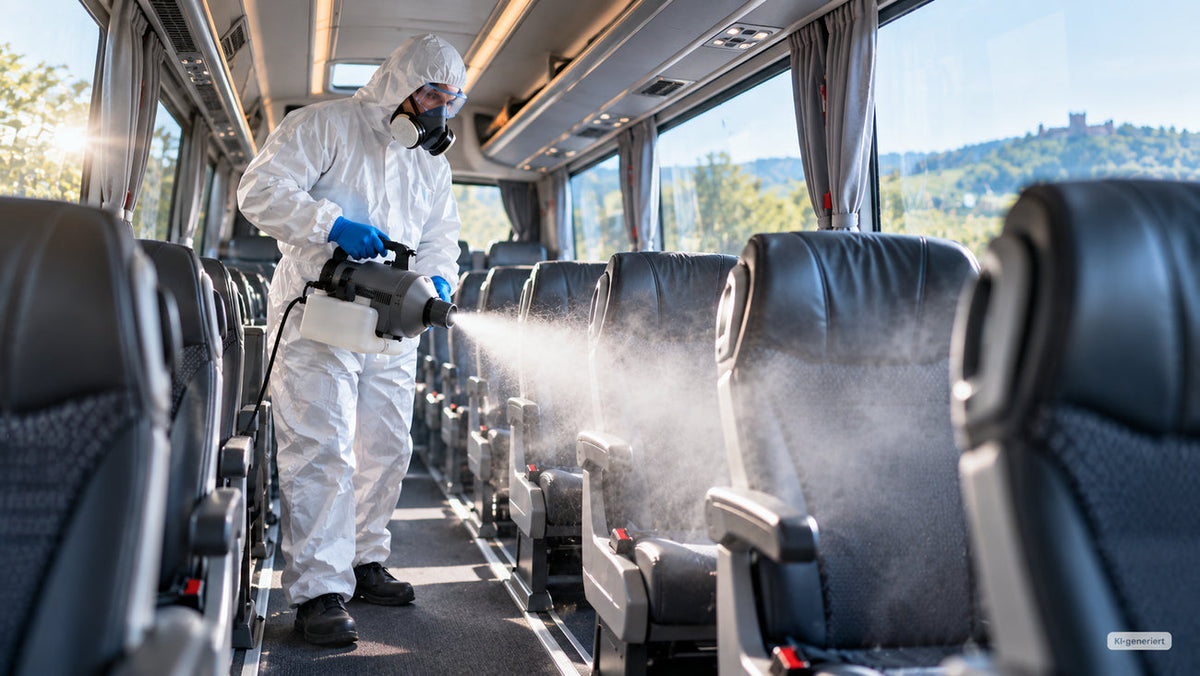 Fachkraft behandelt den Innenraum eines modernen Reisebusses als Beispiel für hygienische Fahrzeugnachbereitung