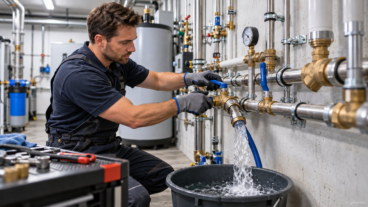 Installateur spült eine Trinkwasserleitung nach Reparaturarbeiten in einem Technikraum