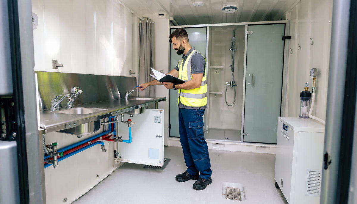 Techniker kontrolliert Armaturen, Duschen und Wasseranschlüsse in einem mobilen Sanitärcontainer