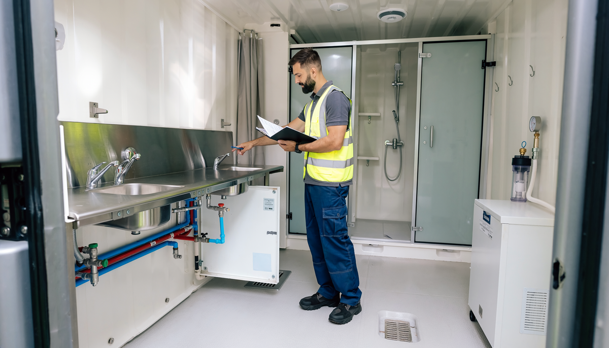 Techniker kontrolliert Armaturen, Duschen und Wasseranschlüsse in einem mobilen Sanitärcontainer