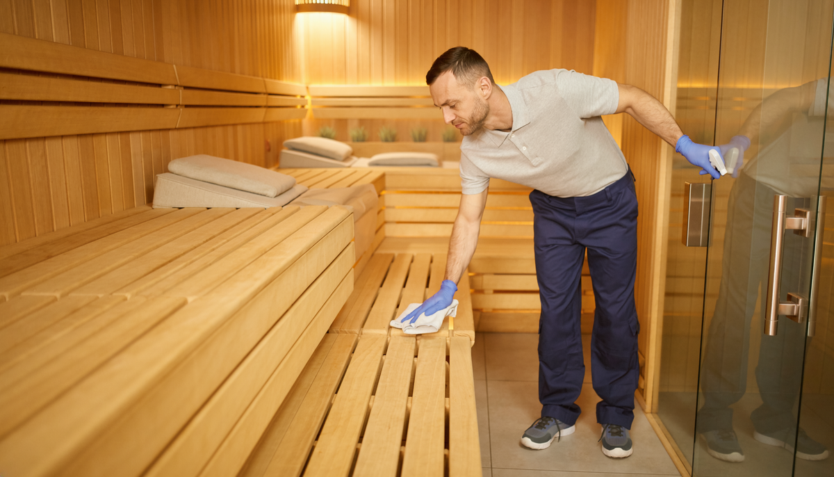 Reinigungskraft reinigt eine Saunabank und Kontaktflächen in einem modernen Wellnessbereich