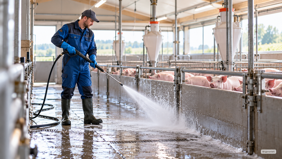 Mitarbeiter reinigt einen Schweinestall gründlich mit Wasser als Vorbereitung auf die anschließende Desinfektion