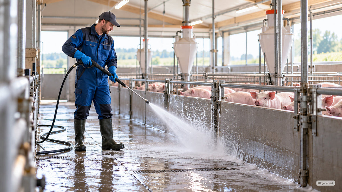 Mitarbeiter reinigt einen Schweinestall gründlich mit Wasser als Vorbereitung auf die anschließende Desinfektion