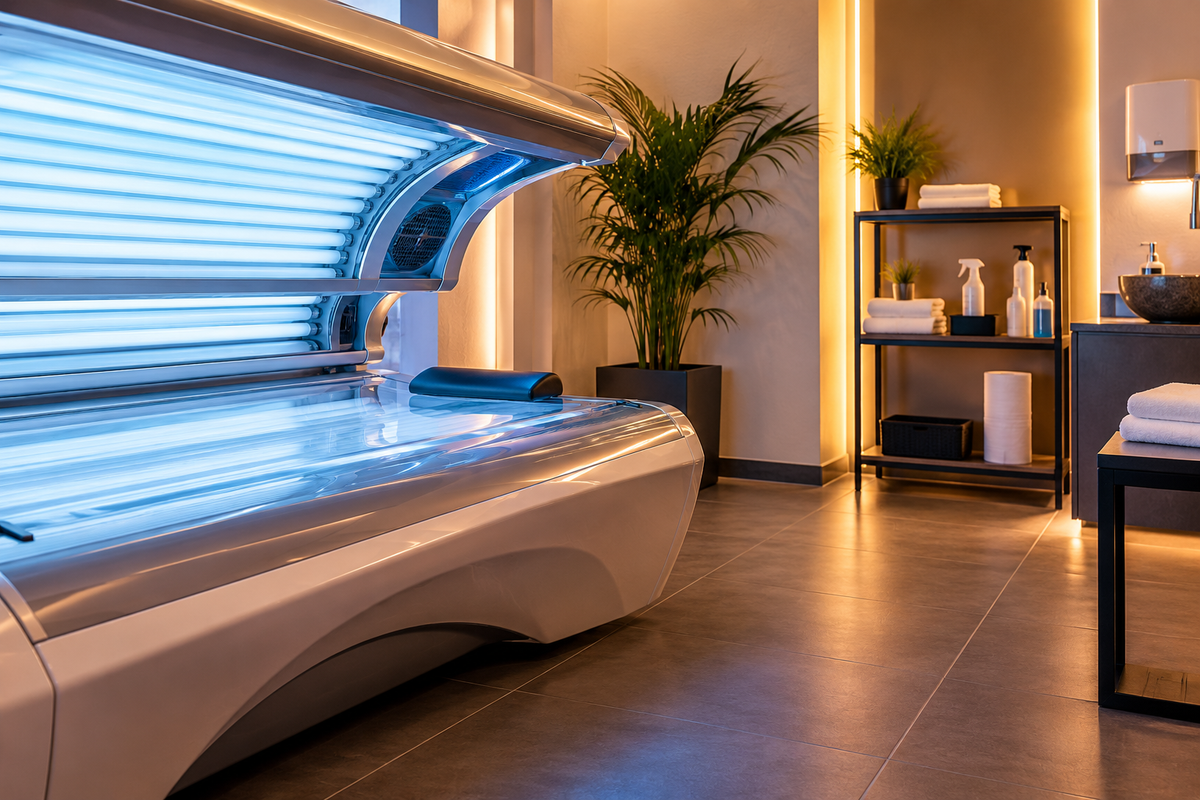 Moderner Solarium- und Sonnenstudio-Raum mit gut zugänglichen Kontaktflächen