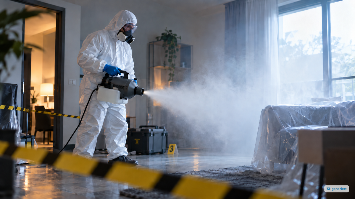 Professionelle Tatortreinigung mit Schutzanzug und Kaltvernebelung zur hygienischen Nachbehandlung mit membraclean AIR