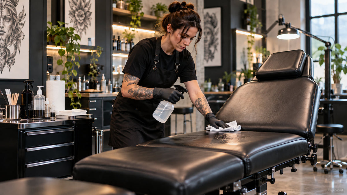 Mitarbeiterin reinigt und desinfiziert eine Behandlungsliege in einem Tattoostudio