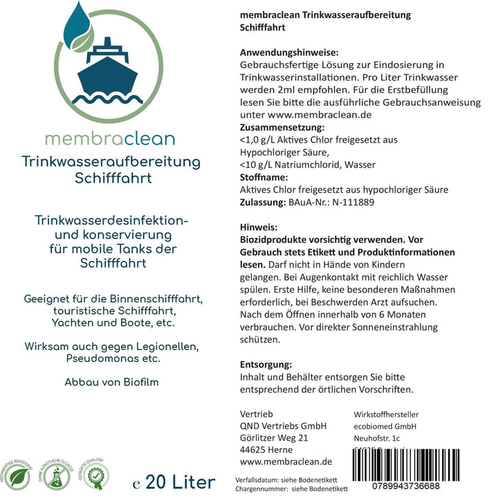 membraclean Trinkwasseraufbereitung Schifffahrt (Boote & Yachten) - 20 Liter - membraclean-shop.de