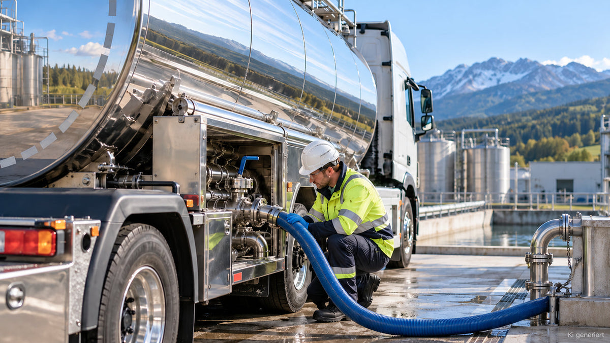 Fachkraft befüllt und kontrolliert einen Trinkwassertankwagen an einer Wasseraufbereitungsanlage