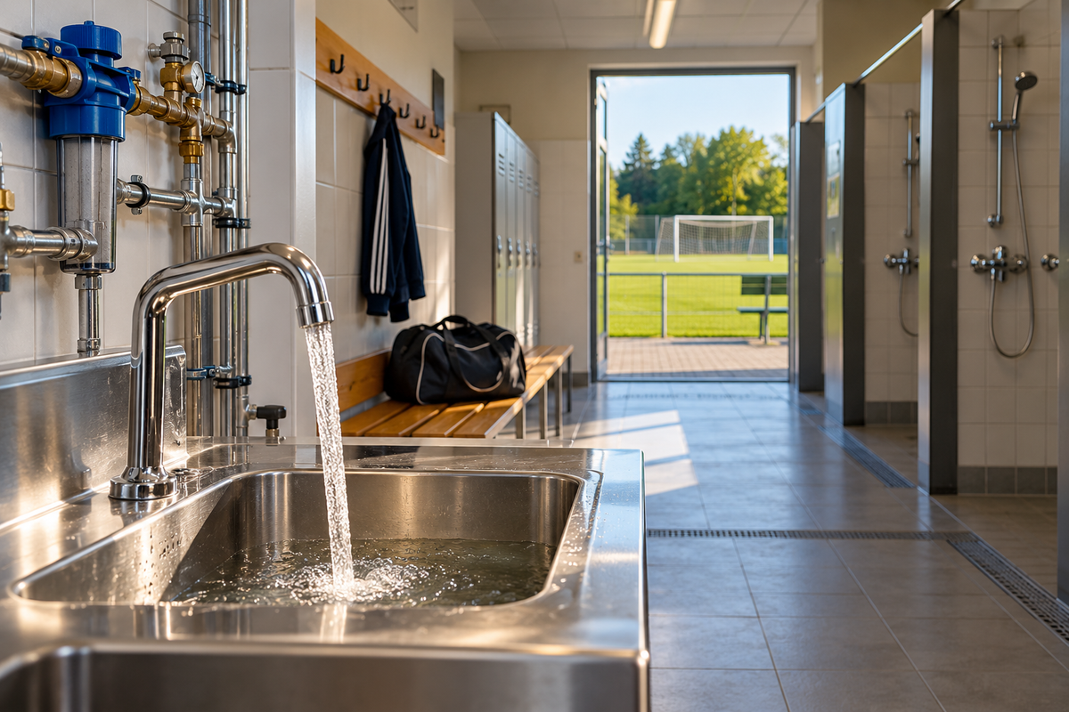 Umkleide und Sanitärbereich einer Sportstätte mit Trinkwasserhahn und sichtbarer Installation