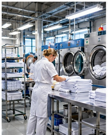 Gewerbliche Wäscherei mit Waschmaschinen und hygienisch organisiertem Arbeitsbereich