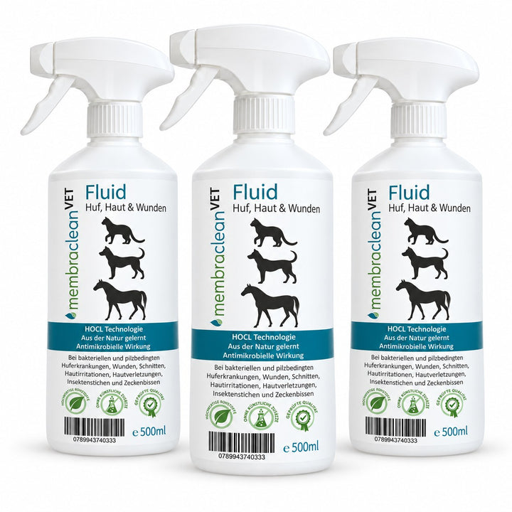 Produktbild: 3 x 500 ml membraclean VET Fluid in Sprühflaschen für Haut &amp; Wunden