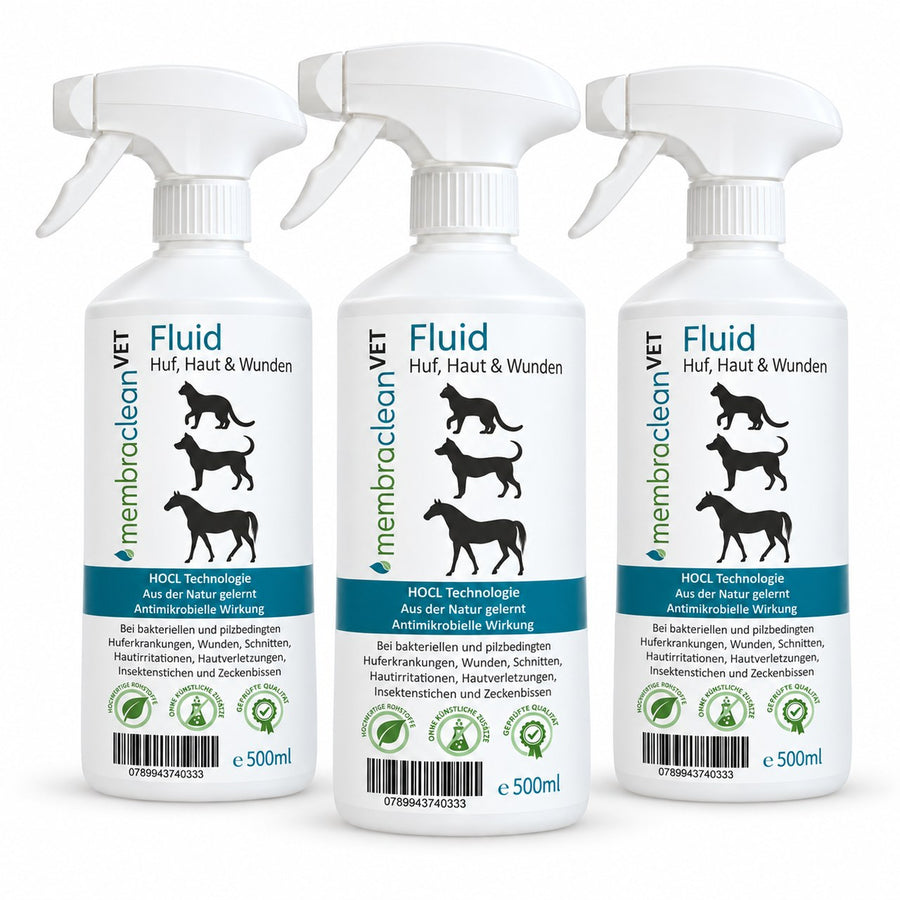 Produktbild: 3 x 500 ml membraclean VET Fluid in Sprühflaschen für Haut & Wunden