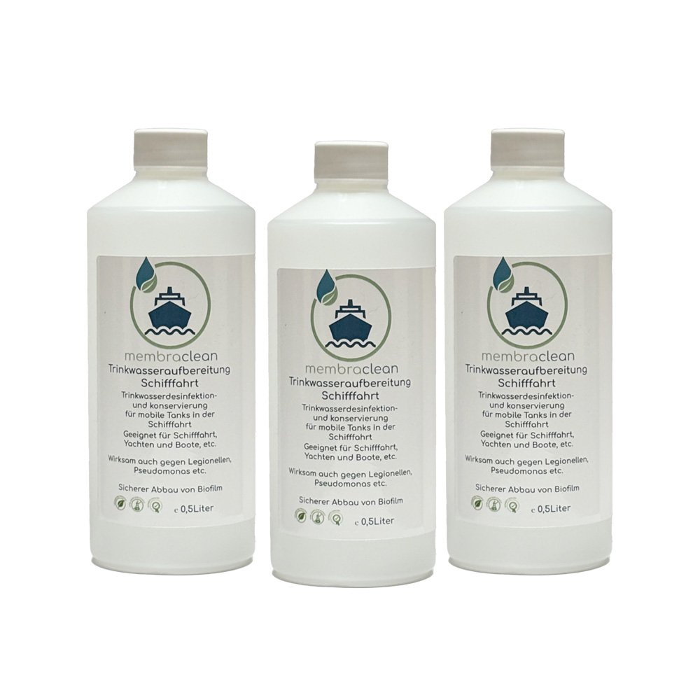 Produktbild membraclean Trinkwasseraufbereitung für Schifffahrt, Boote und Yachten 3x0,5 Liter