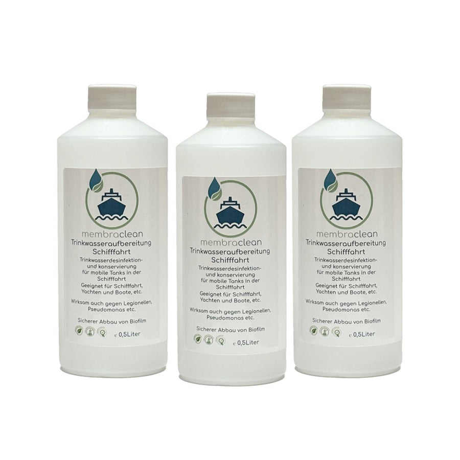 Produktbild membraclean Trinkwasseraufbereitung für Schifffahrt, Boote und Yachten 3x0,5 Liter