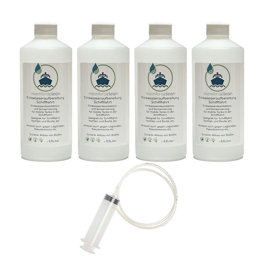 Produktbild membraclean Trinkwasseraufbereitung für Schifffahrt, Boote und Yachten 4x0,5 Liter mit Dosierhilfe