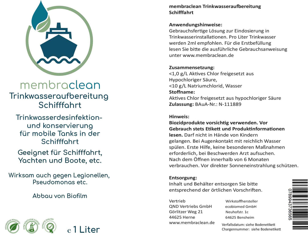 membraclean Trinkwasseraufbereitung Schifffahrt (Boote & Yachten) - 1 Liter