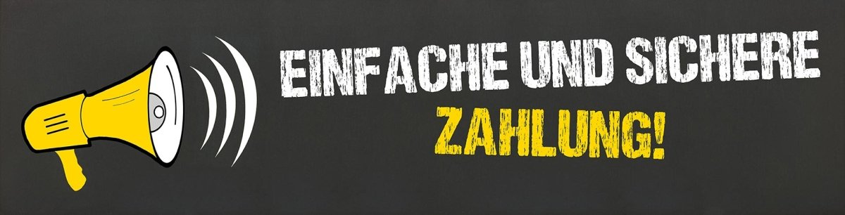 Banner - für sichere Zahlung in weiß, gelb auf schwarzem Hintergrund