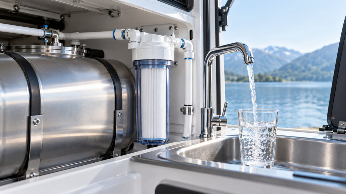 Glas mit frischem Trinkwasser vor ruhiger Berglandschaft