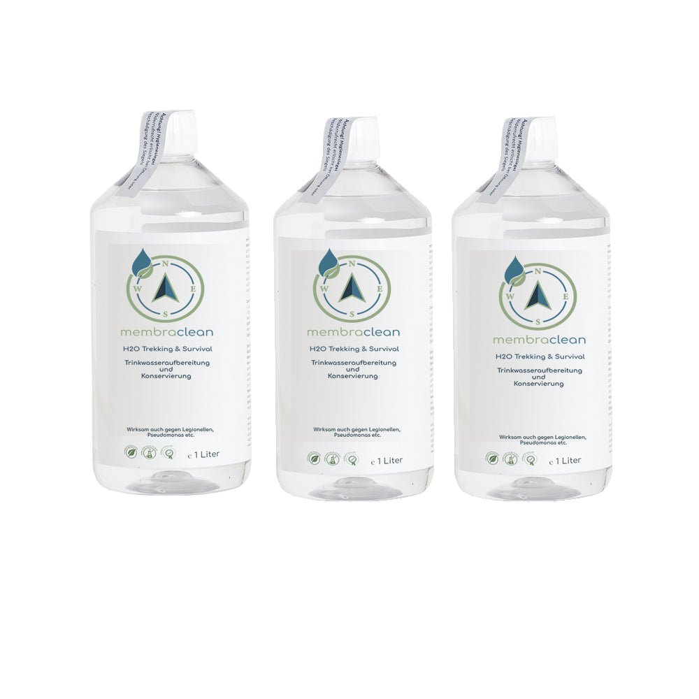 3x 1 Liter membraclean H2O Trekking & Survival zur Trinkwasseraufbereitung - membraclean-shop.de