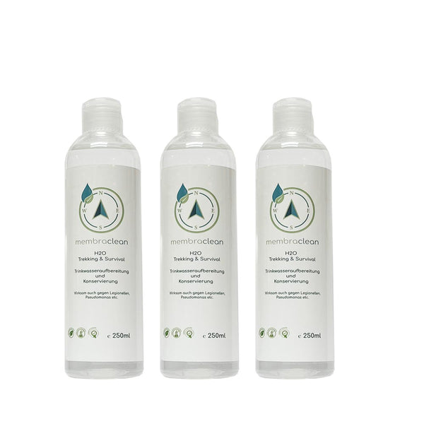 3x 250ml membraclean H2O Trekking & Survival zur Trinkwasseraufbereitung