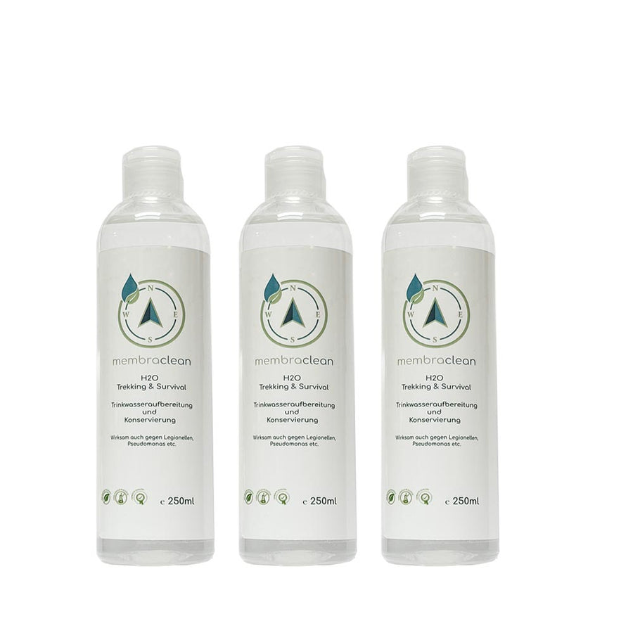 3x 250ml membraclean H2O Trekking & Survival zur Trinkwasseraufbereitung - membraclean-shop.de