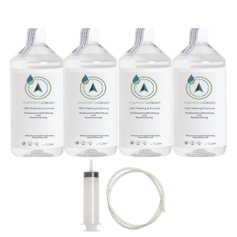 4x 1 Liter membraclean H2O Trekking & Survival zur Trinkwasseraufbereitung + Dosierhilfe - membraclean-shop.de