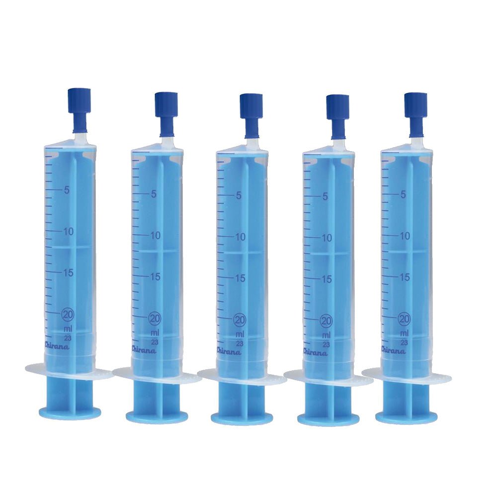 5x Spritze 20 ml blauem Kolben und 5 Stopfen blau, Latexfrei - membraclean-shop.de