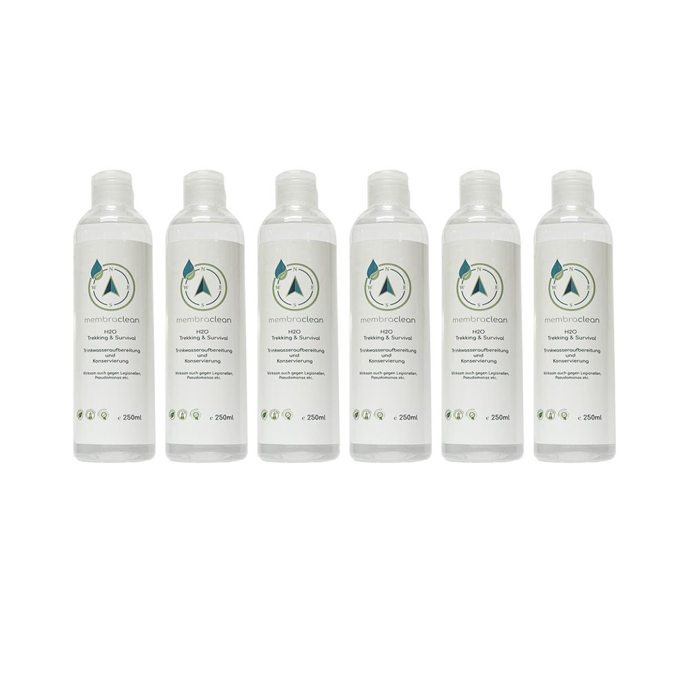6x 250ml membraclean H2O Trekking & Survival zur Trinkwasseraufbereitung - membraclean-shop.de